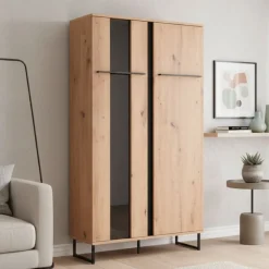 Vetrina Marrone Rovere Nodi Nero 6 Ripiani Apertura Battente 84.5x35x153.5h cm, 2 Ante - Mentana
